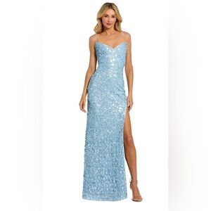 Macduggal EMBELLISHED SPAGHETTI STRAP 10047 GOWN WITH SLIT ice blue NWT XS